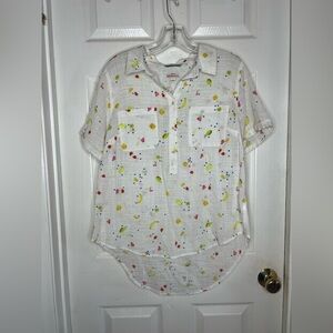 Pop Over Sheer Gauze 100% Cotton Button Watermelon Cherry Women’s Blouse Large